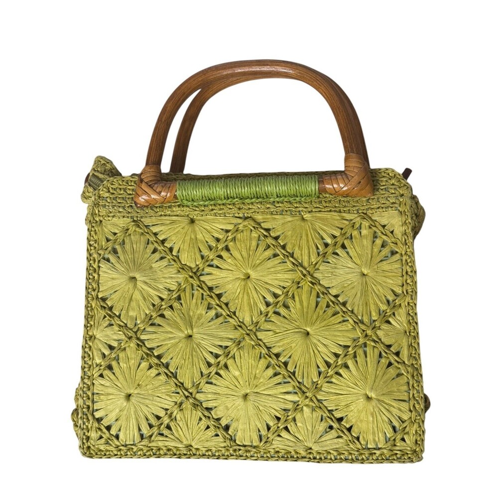 Fossil Straw Mini Satchel Bag Purse Green Double Handle Wood bv